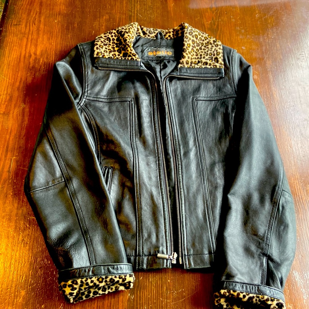 Static S black/suede leather/tiger print jacket